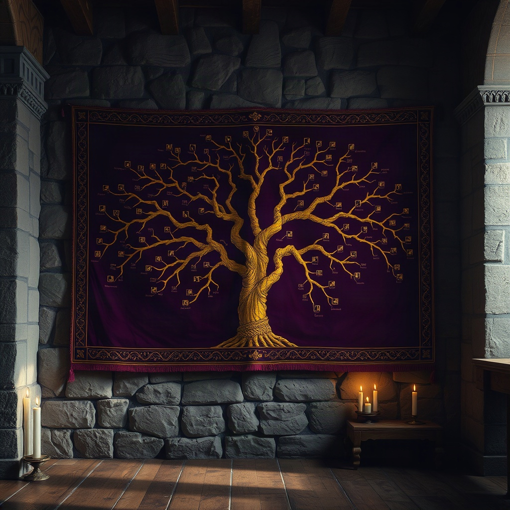Royal genealogy tapestry atmosphere
